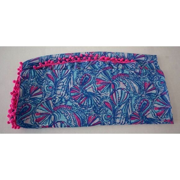 Lilly Pulitzer Women's Blue/Pink PomPom My Fans Lightweight Beach Cover-Up/Scarf - Picture 7 of 8